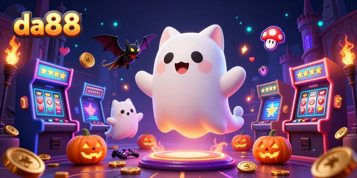 Play exciting slots with da88's vibrant haunted casino, featuring a ghost cat and vampire bat.