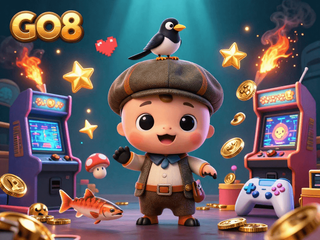 Experience excitement at GO8 with a charming scene featuring Nessie and friends amidst vibrant gaming elements.