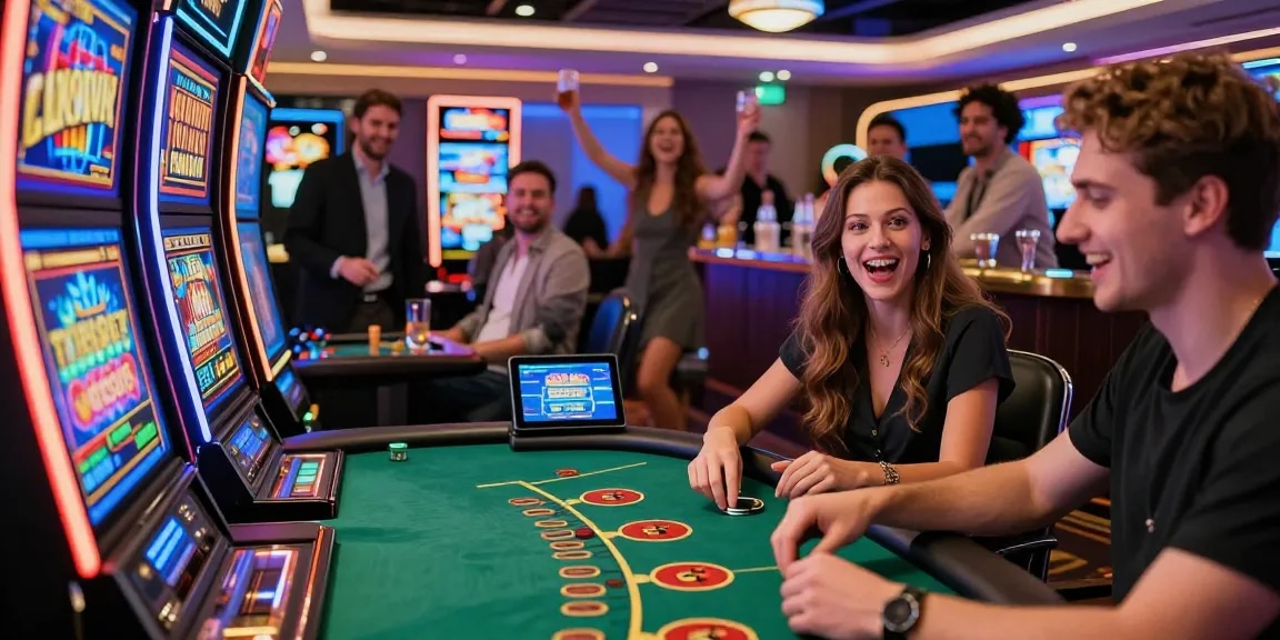 Excited players engaging at non UK casinos showcasing live games, vibrant atmosphere, and modern design.