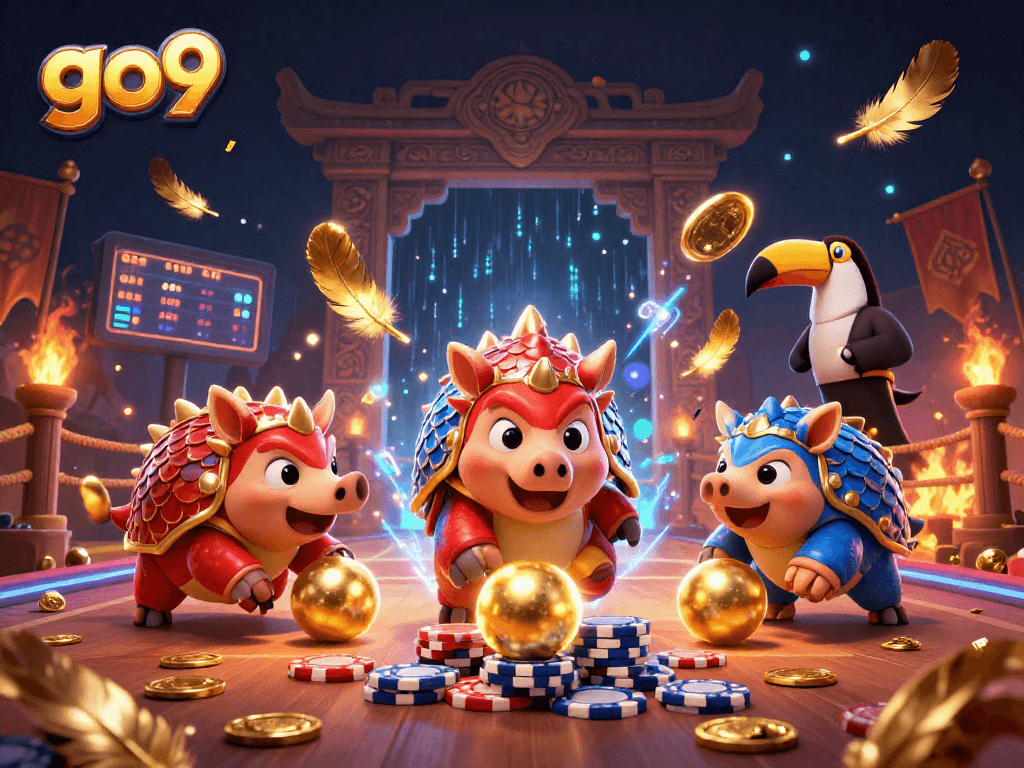 Go9 features rival pangolins rolling through poker chips in this thrilling 3D casino illustration.