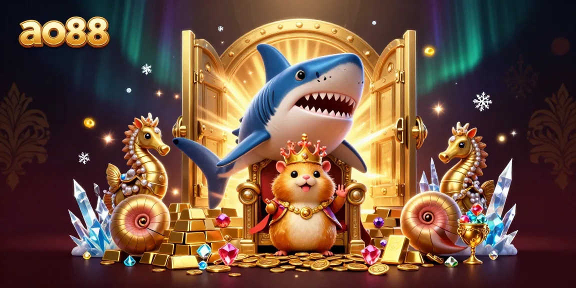 Engage in thrilling winnings at ao88 with the golden hamster king amidst a treasure-filled casino scene.