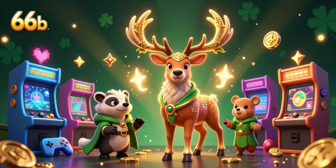 Engage in thrilling gameplay at 66b, illustrated with magical druids and delightful gaming elements.