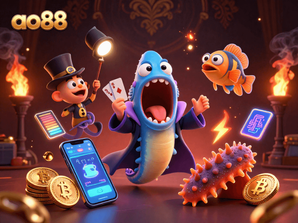 ao88 players engaging with animated casino magic show in an immersive underwater scene