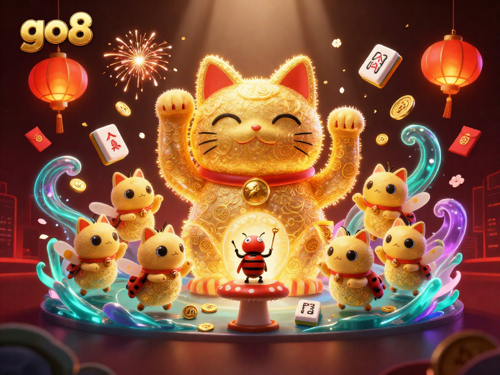Experience exhilarating gaming at go8 with a vibrant lucky cat and captivating casino elements.