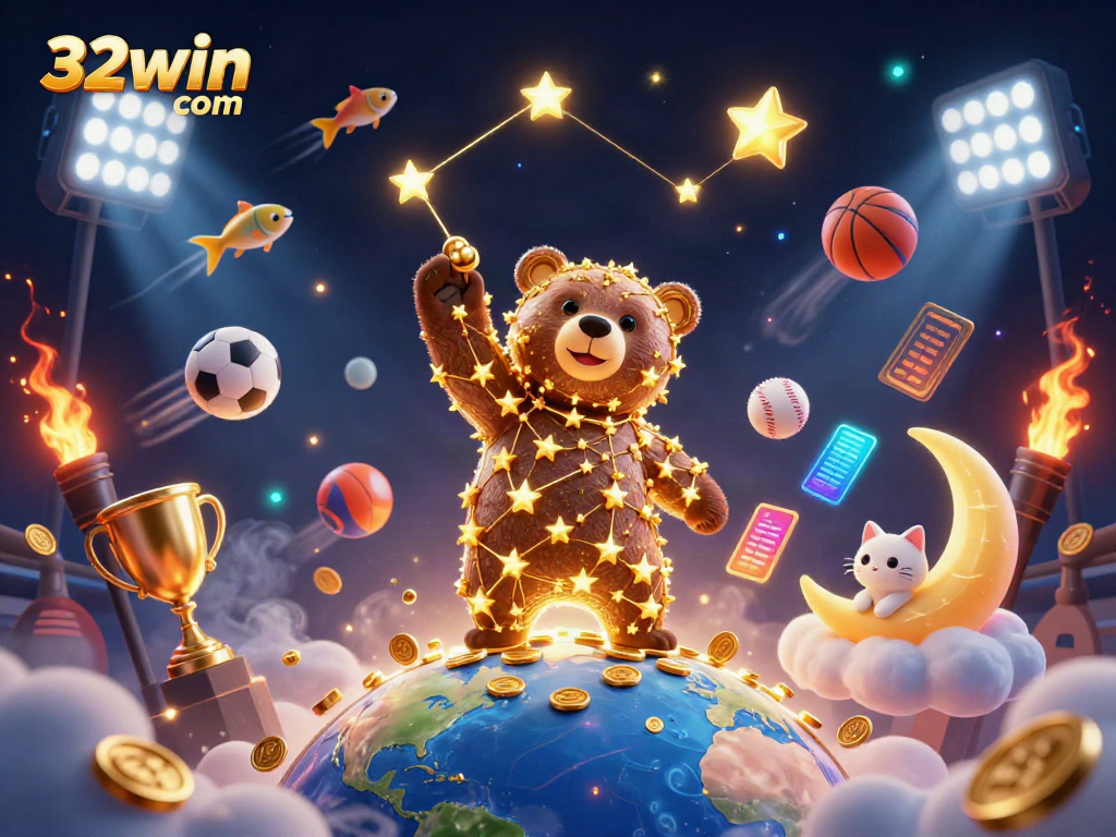 Experience thrilling wins with 32win com as golden constellation bear scoops coins from Earth while sports elements fly by.