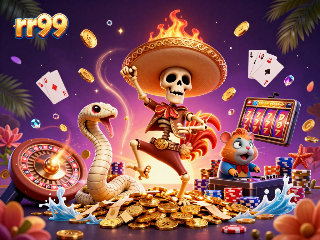 Engage with rr99's vibrant casino action featuring a lively rooster and dynamic characters.