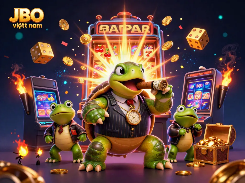 Experience the excitement of JBO việt nam with a vibrant 3D casino scene featuring a snapping turtle mobster and playful bullfrog enforcers.