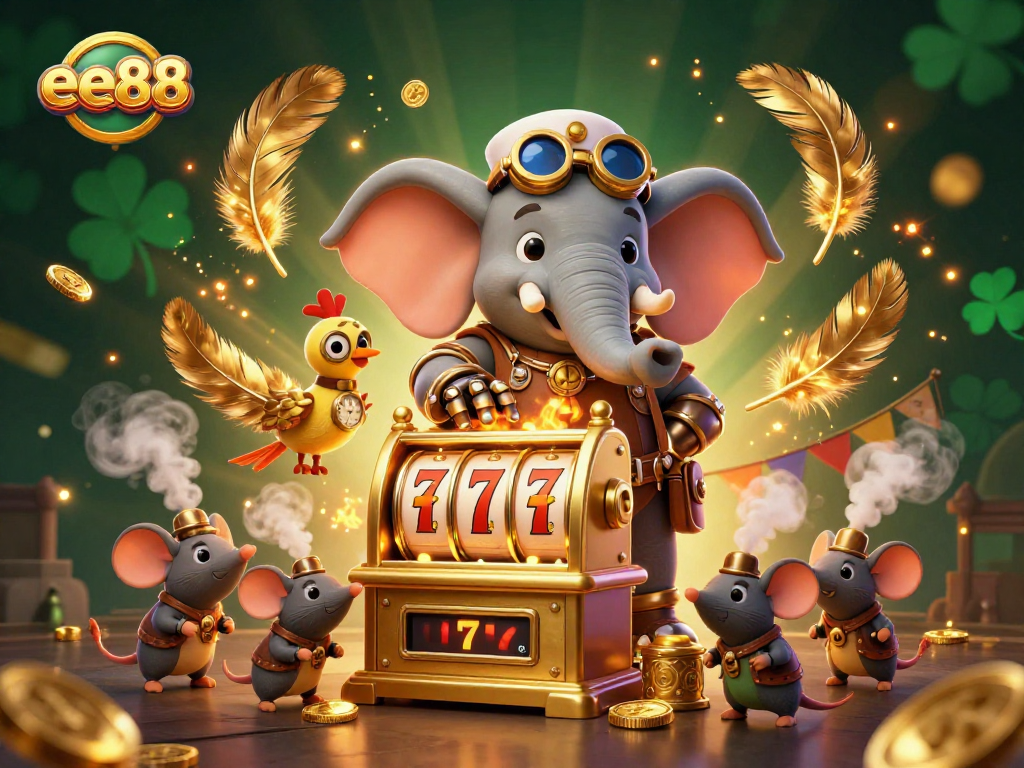 Experience excitement with ee88's steampunk-themed golden slot machine amid fiery visuals.