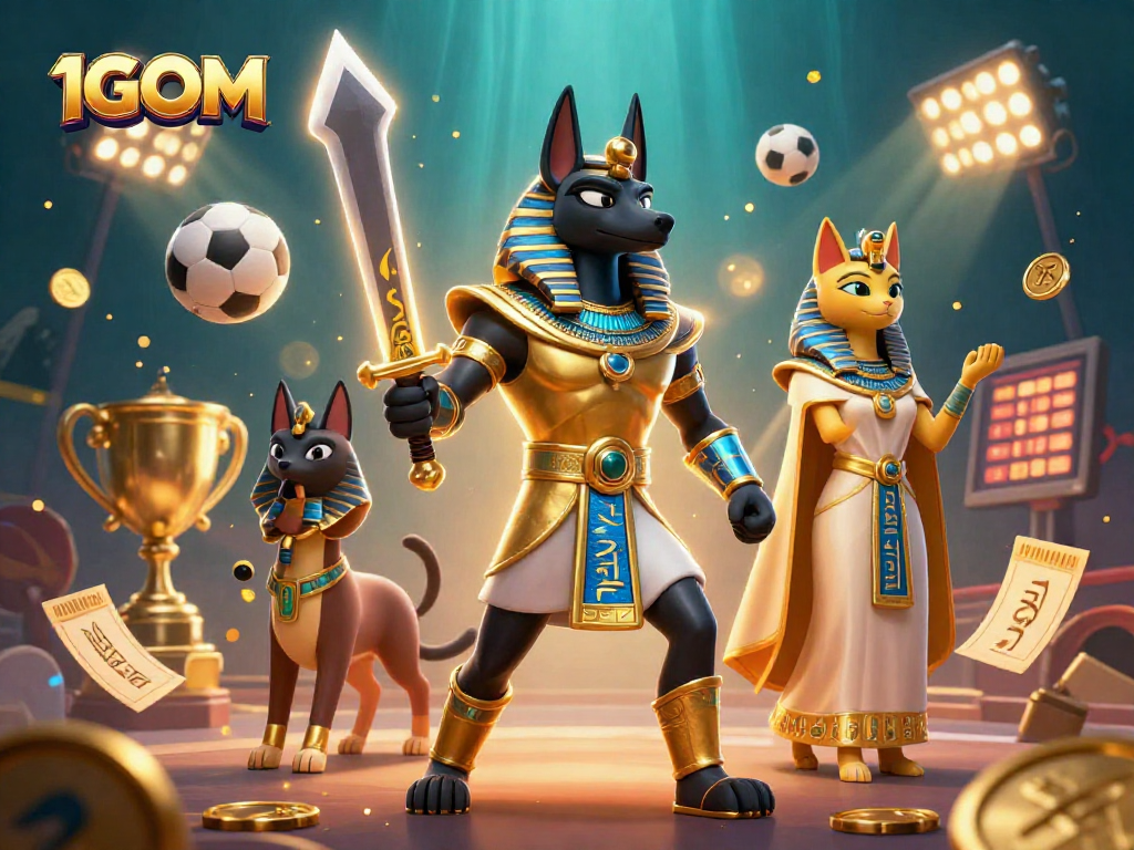 Bet on sports with 1GOM, featuring a dynamic illustration of Anubis and Bastet amidst vibrant game elements.