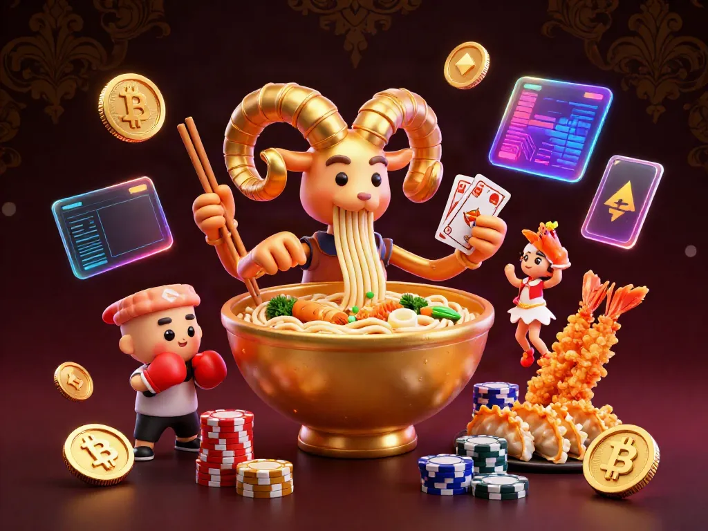 Engage with AE888's vibrant casino energy featuring a giant ramen bowl dealer amidst crypto elements.