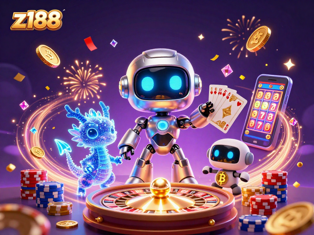 Experience the thrilling world of z188 with a vibrant illustration of a cyberpunk mascot, AI dragon, and bitcoin drone amidst casino elements.