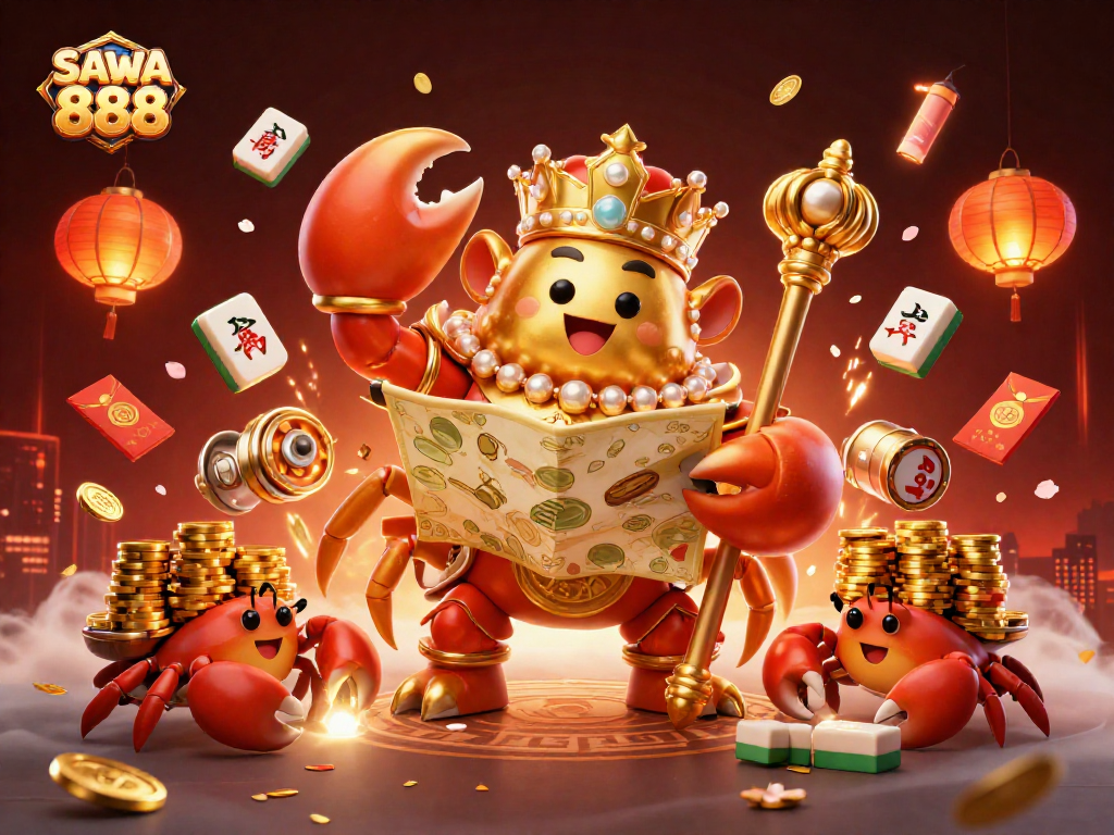 Engage with SAWA 888's vibrant casino ambiance featuring a golden crab emperor amidst festive gaming elements.