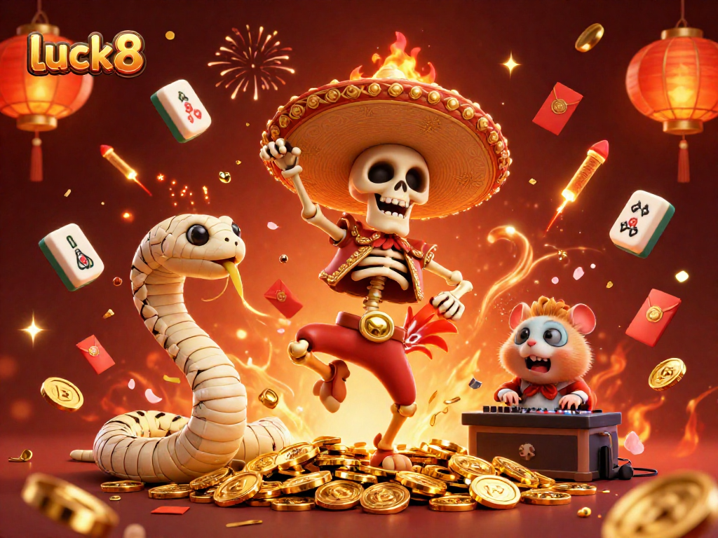 Experience the thrill of luck8 with a vibrant 3D celebration scene of a rooster, mummy, and DJ amidst casino elements