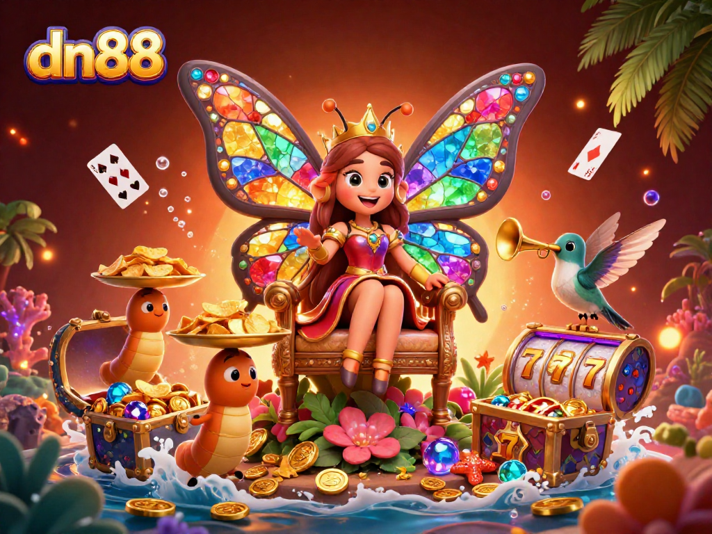 Experience the vibrant world of dn88 with dynamic gaming elements and enchanting characters in a rich 3D illustration.