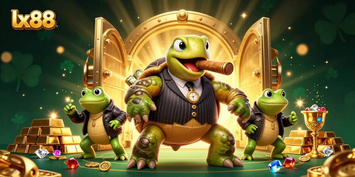 Engage with lx88 at this vibrant digital casino scene featuring lively characters and treasure.