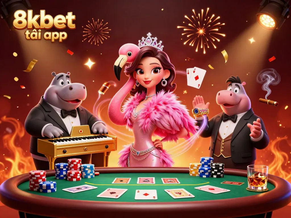 Engage with the vibrant 8xbet tải app scene featuring a lively casino atmosphere with musical characters and poker elements.