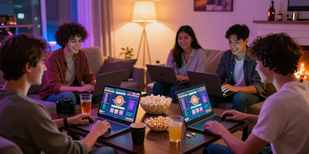 Koitoto gaming night with friends enjoying online slots, cozy environment, vibrant atmosphere