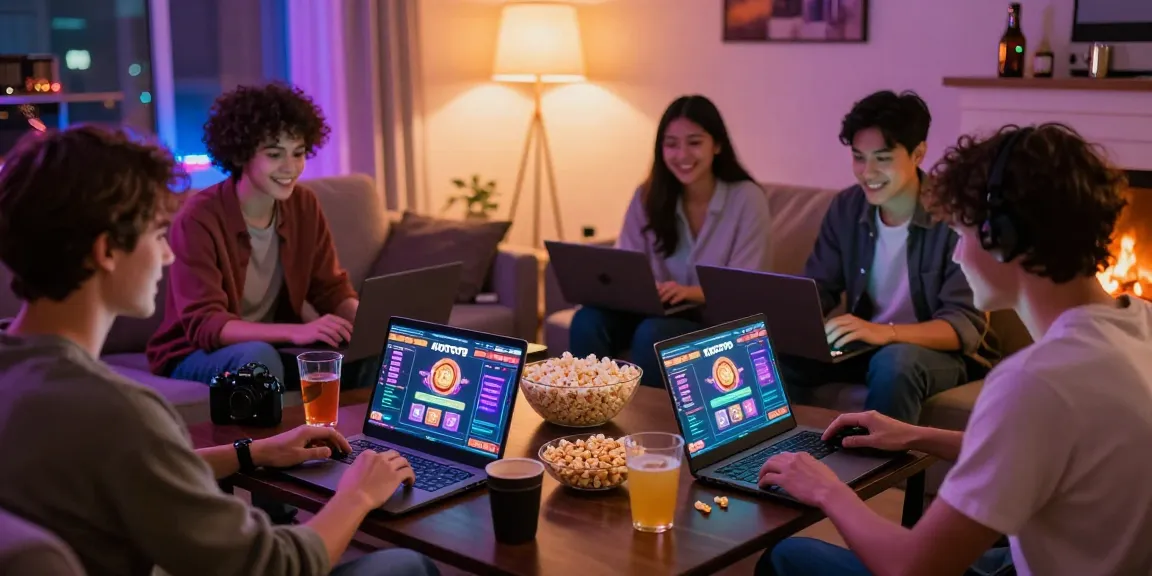 Koitoto gaming night with friends enjoying online slots, cozy environment, vibrant atmosphere