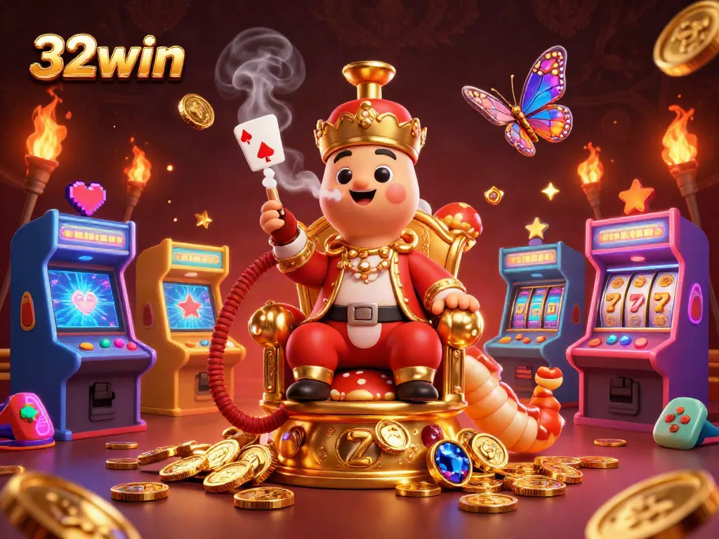Experience 32win's vibrant casino magic with a colorful illustration showcasing games and characters.