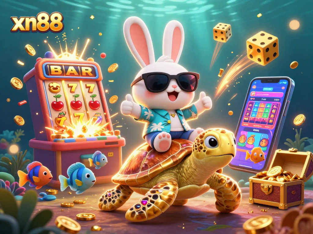 Experience the thrill at xn88 with a lucky rabbit and golden turtle in a casino adventure illustration.