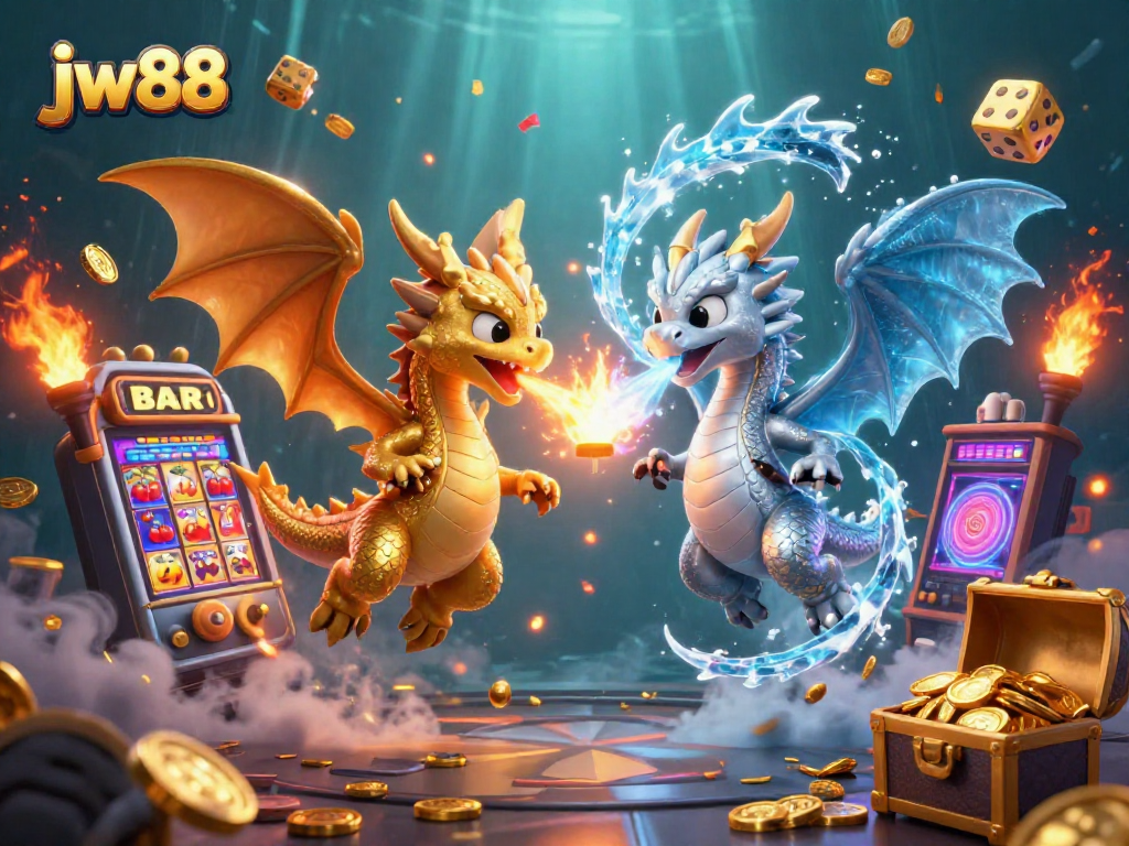Win big at jw88 with an exciting scene of gold and silver dragons amidst slot machines and gaming excitement.