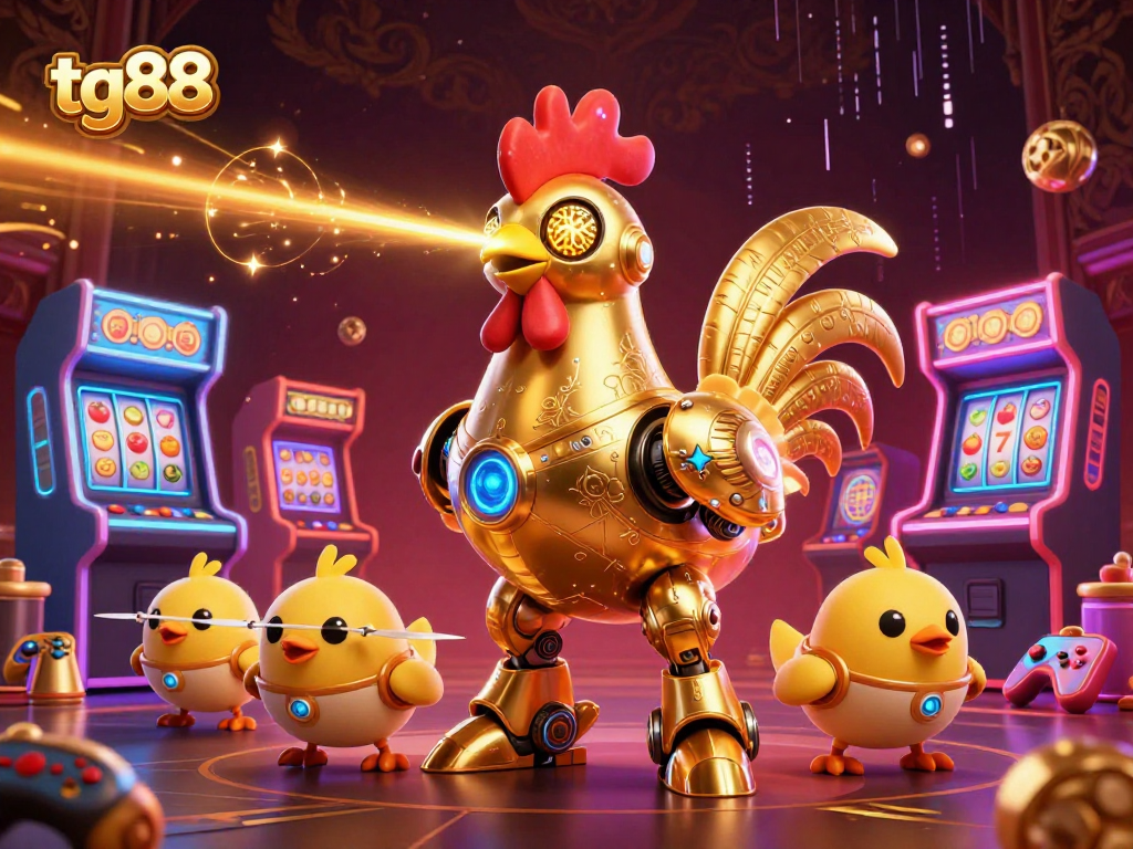 Win big with tg88 in this vibrant 3D casino scene featuring golden rooster robots and slot machines.