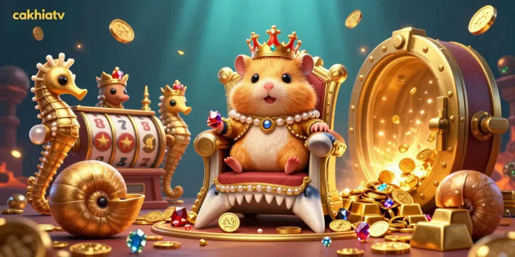 Experience thrilling gaming with the cakhiatv hamster king on a treasure-filled throne, surrounded by royal guards.