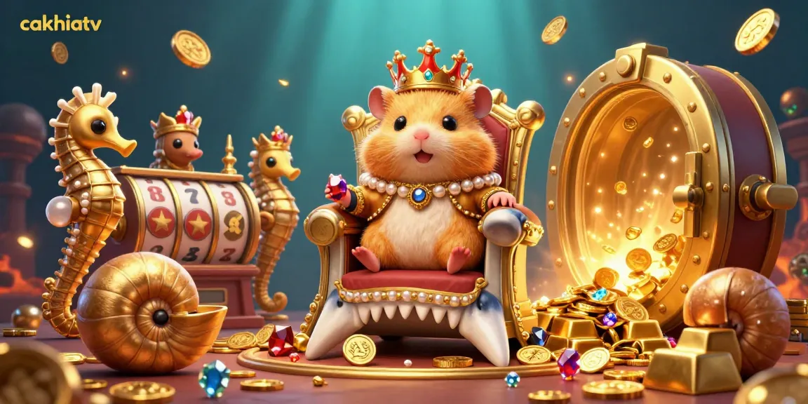 Experience thrilling gaming with the cakhiatv hamster king on a treasure-filled throne, surrounded by royal guards.