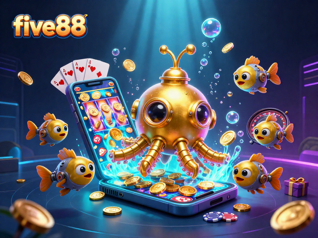 Experience gaming excitement at five88 with a golden kraken submarine amidst glimmering coins and vibrant game elements.