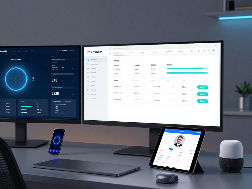 IPTV reseller management dashboard showcasing advanced analytics and real-time support for software developers in a cutting-edge, technology-driven environment.