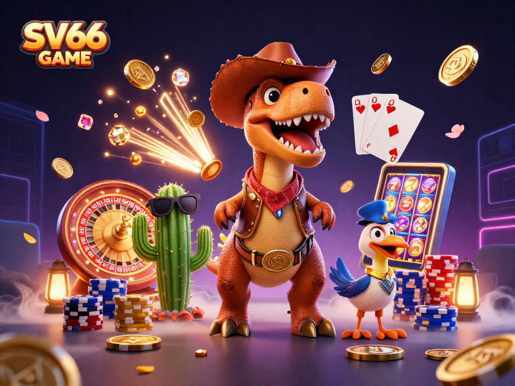 Engage with thrilling SV66 GAME action featuring a T-Rex cowboy, coins, and vibrant casino elements.