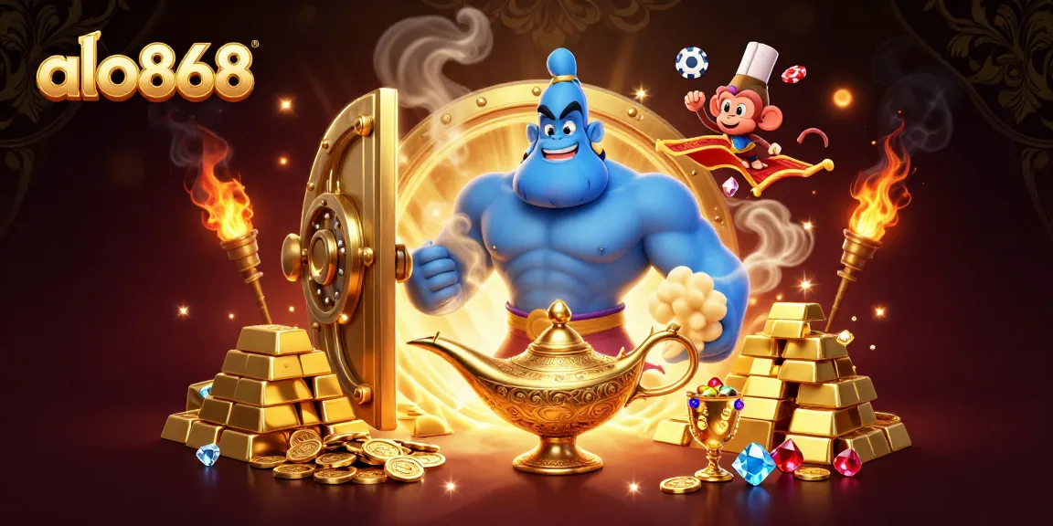 Experience winning strategies with alo868's vibrant casino magic featuring a genie and treasures.