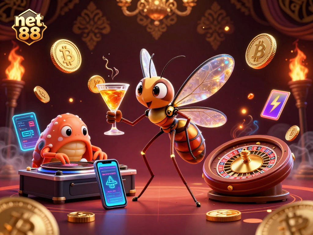 Experience thrilling gameplay with net 88's vibrant casino scene featuring unique characters and crypto elements.