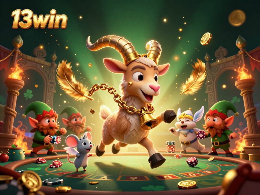 Engage with 13win in a vibrant, festive casino scene showcasing a Krampus goat, angel mouse, and mischievous elves.