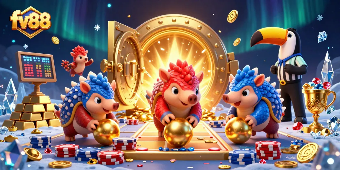 Watch energetic pangolins compete in a vibrant fv88 casino showdown with golden treasures!