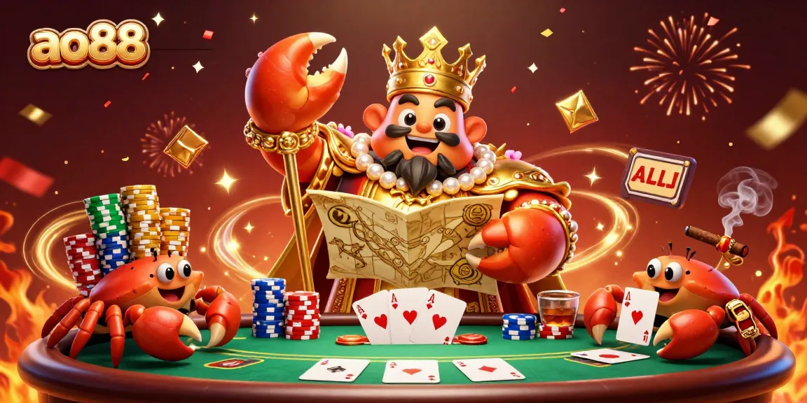 Experience the excitement of ao88 with the golden crab emperor and vibrant poker elements.
