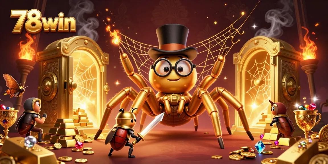 Experience the thrill of 78win with a vibrant casino scene featuring a golden tarantula and enchanting characters.