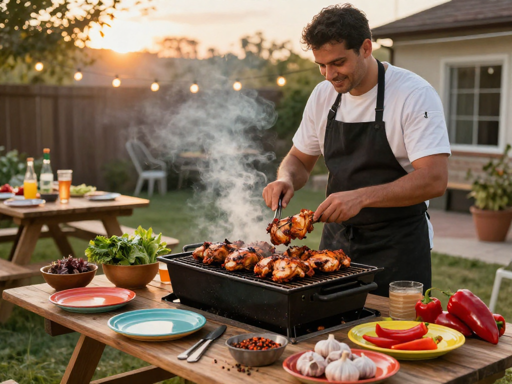 Grilling marinated chicken at https://sambalrawitankoko.com with fresh herbs and spices in a vibrant outdoor setting.