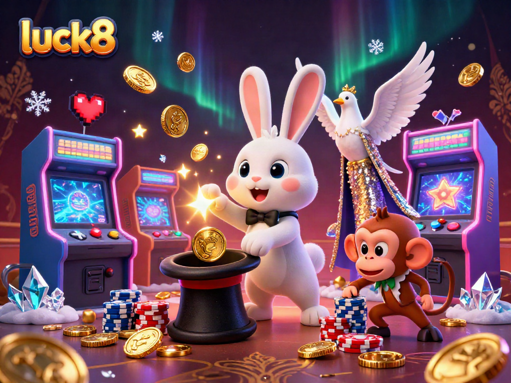 Engage in luck8 gaming magic with a rabbit conjuring coins in a dynamic casino scene.