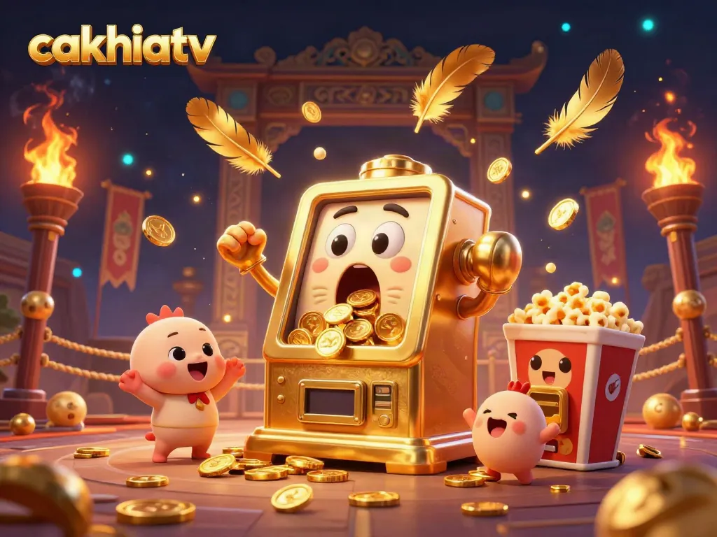 Experience the thrill of cakhiatv as a golden slot machine wins a jackpot, surrounded by cheering characters and dynamic gaming elements.