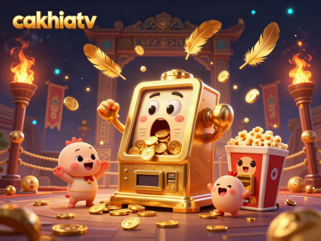 Experience the thrill of cakhiatv as a golden slot machine wins a jackpot, surrounded by cheering characters and dynamic gaming elements.