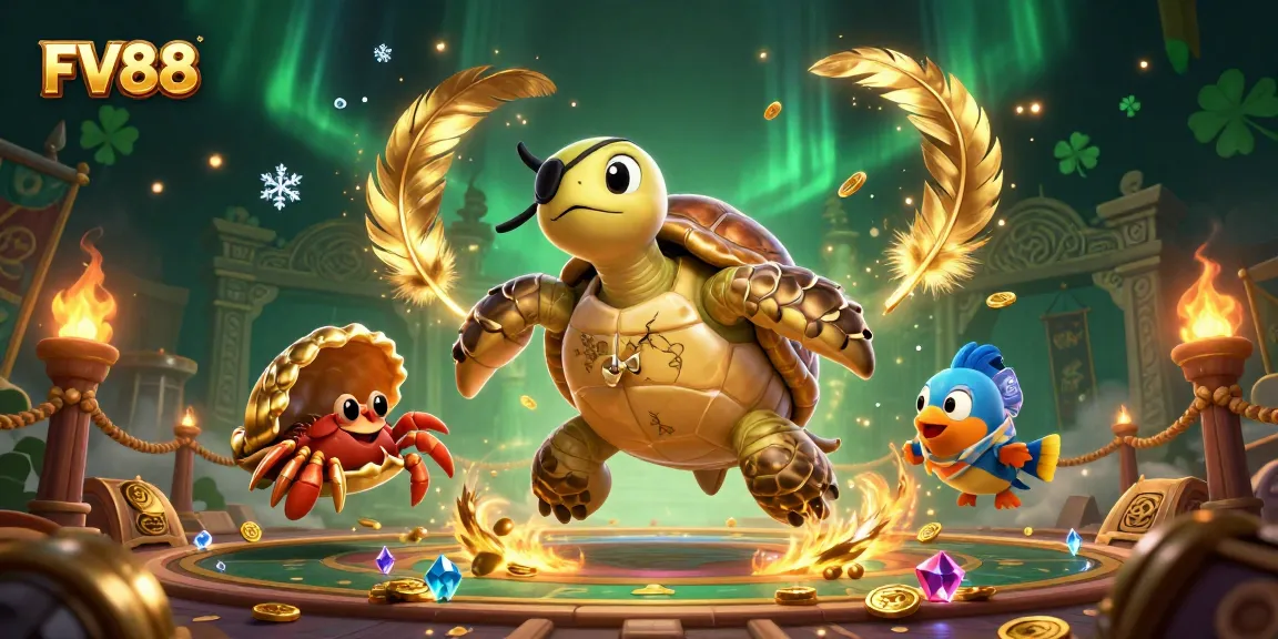 Engage in thrilling gaming adventures at FV88 with a rich 3D casino scene featuring vibrant characters and treasure.