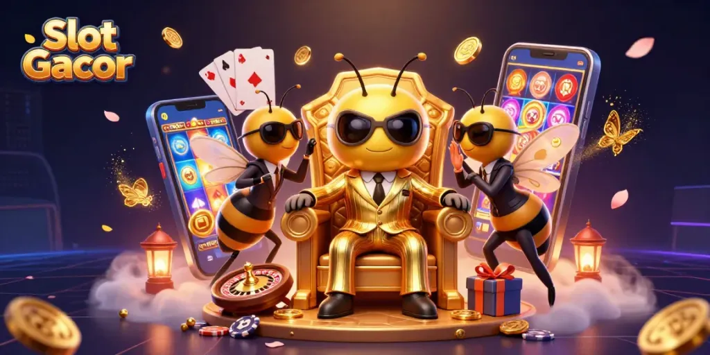 Slot Gacor menjanjikan kesenangan saat bermain slot, dengan simbol berwarna dan koin emas.