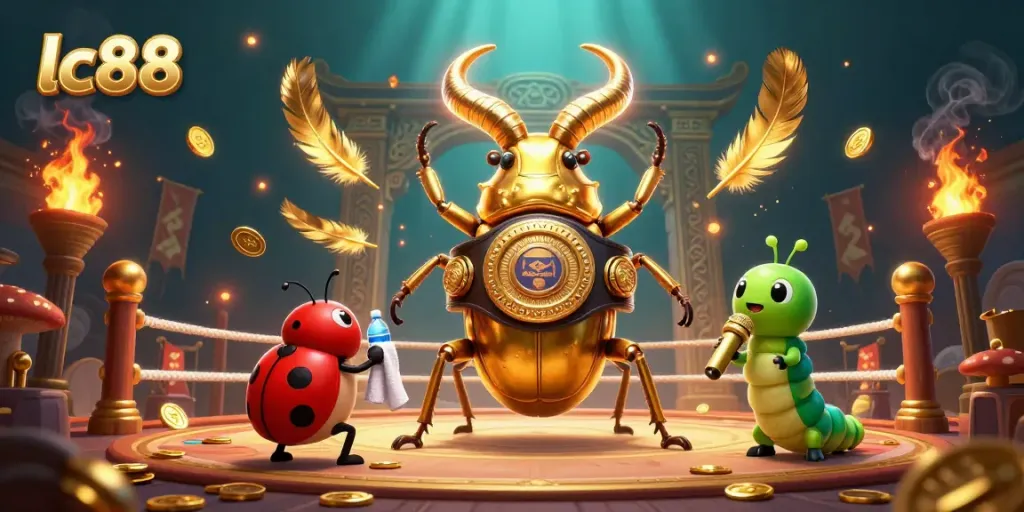 Experience the excitement of lc88 with a dynamic golden stag beetle boxing scene, surrounded by casino elements.