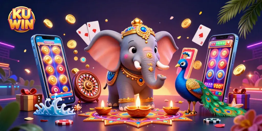 Experience the excitement of KU WIN with this vibrant 3D casino scene featuring an ornate elephant and peacock among dynamic gambling elements.