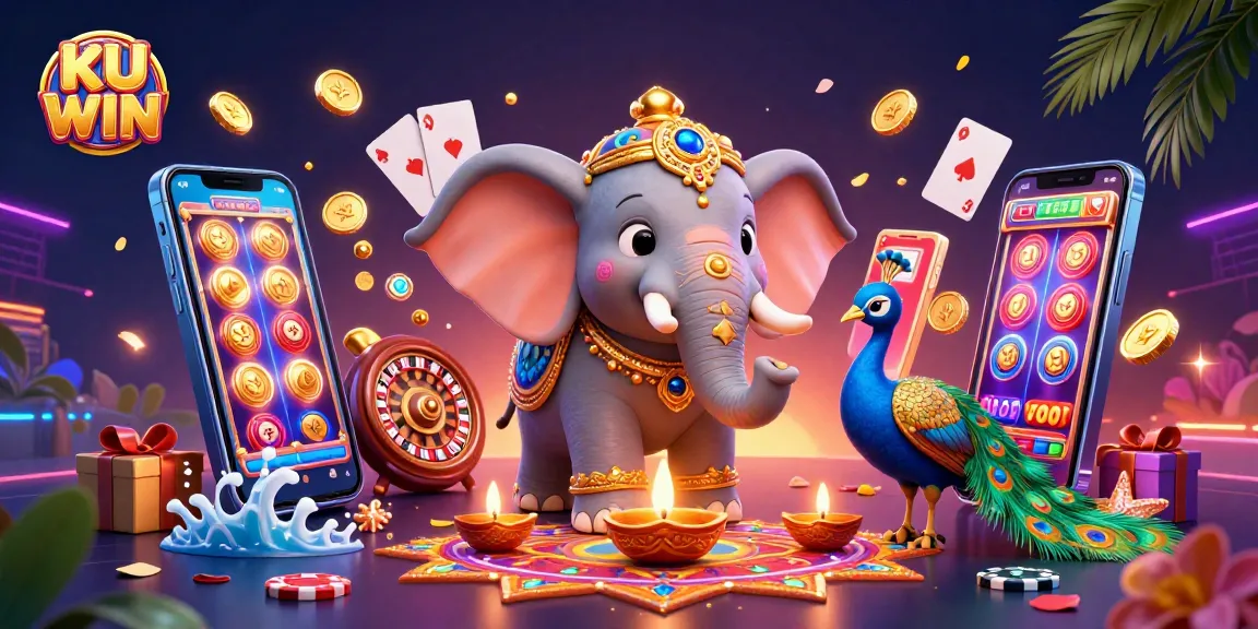 Experience the excitement of KU WIN with this vibrant 3D casino scene featuring an ornate elephant and peacock among dynamic gambling elements.