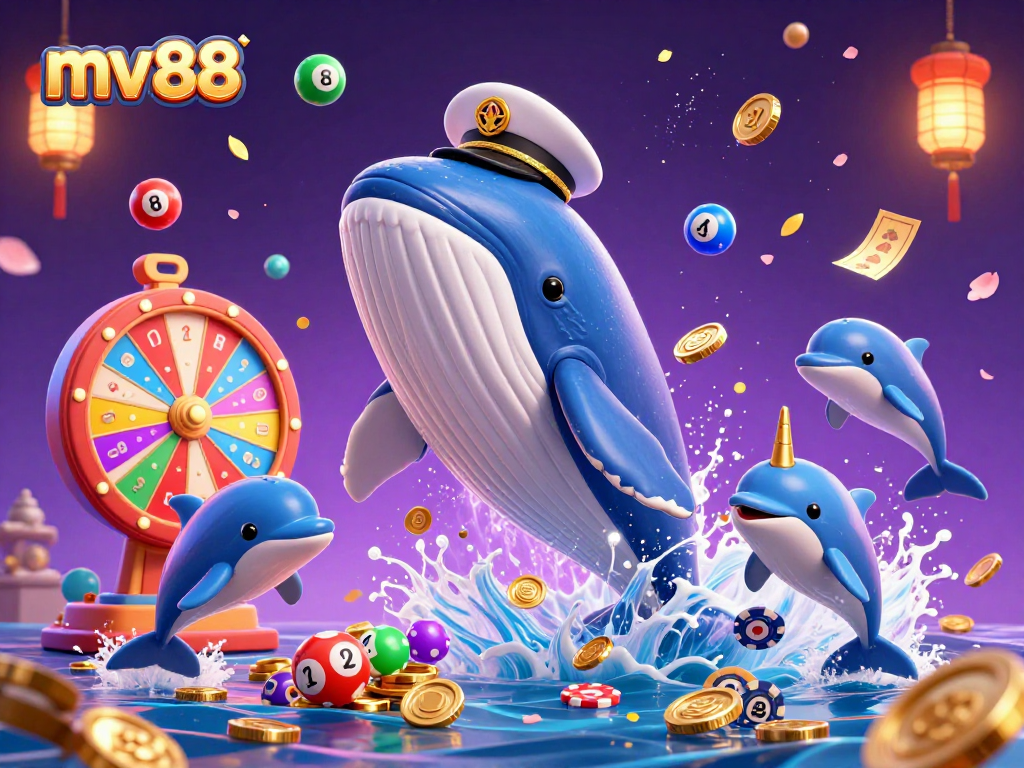 Engage with the vibrant world of mv88 as a whale mascot swims through a sea of thrilling gambling elements.