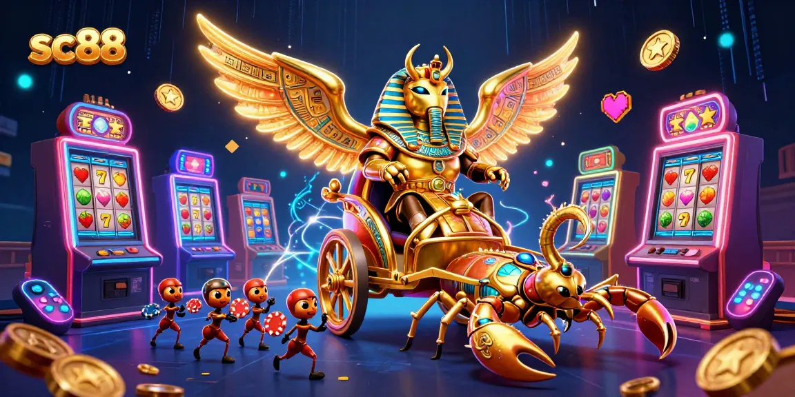 Engage in thrilling slot fun with sc88 as scarab beetles and scorpions showcase a vibrant casino atmosphere.