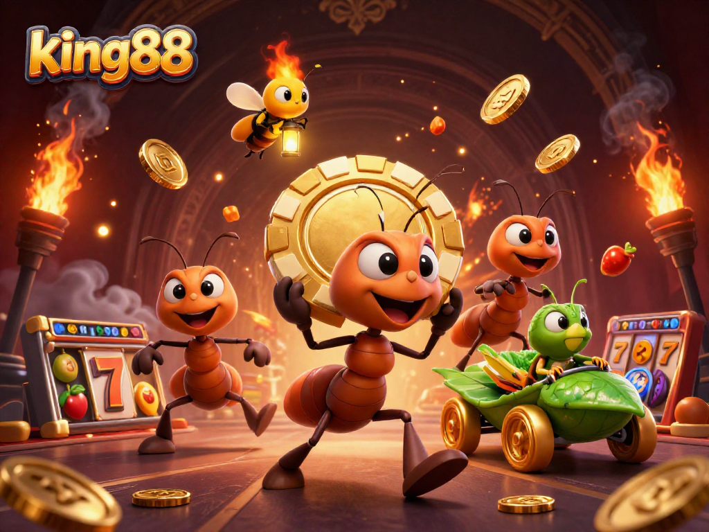 Experience king88's dynamic slot adventure with animated characters carrying massive poker chips and casino elements.