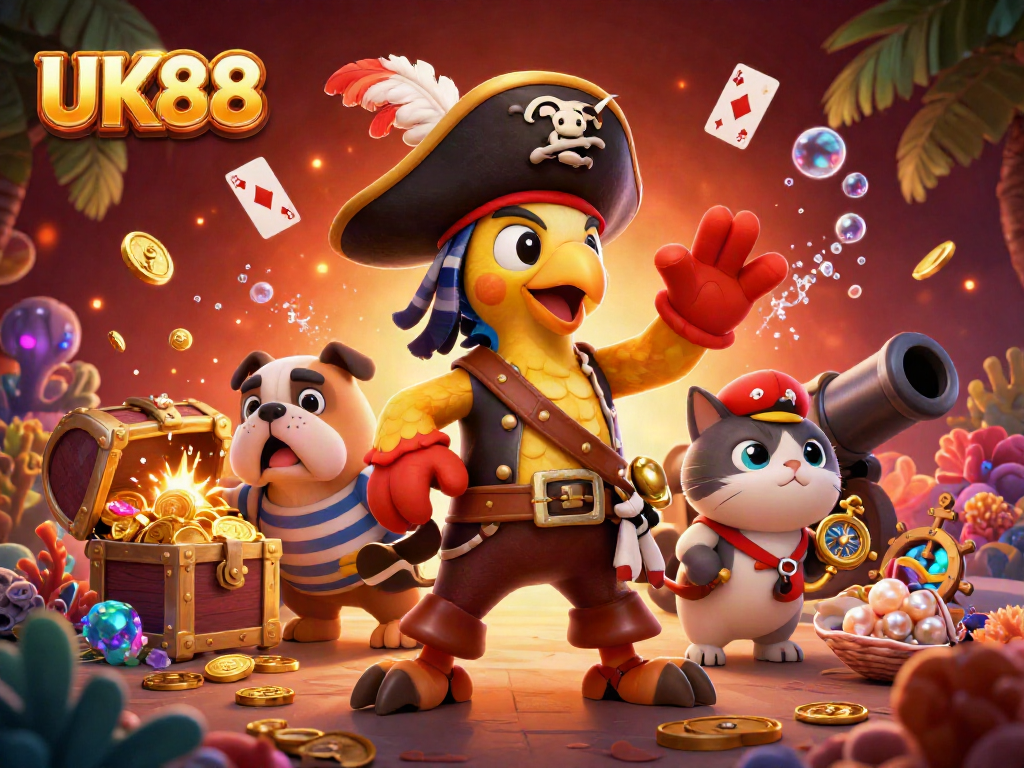 Experience thrilling gaming at UK88 with a dynamic scene featuring a pirate captain, bulldog, and ship's cat surrounded by treasure and cards.